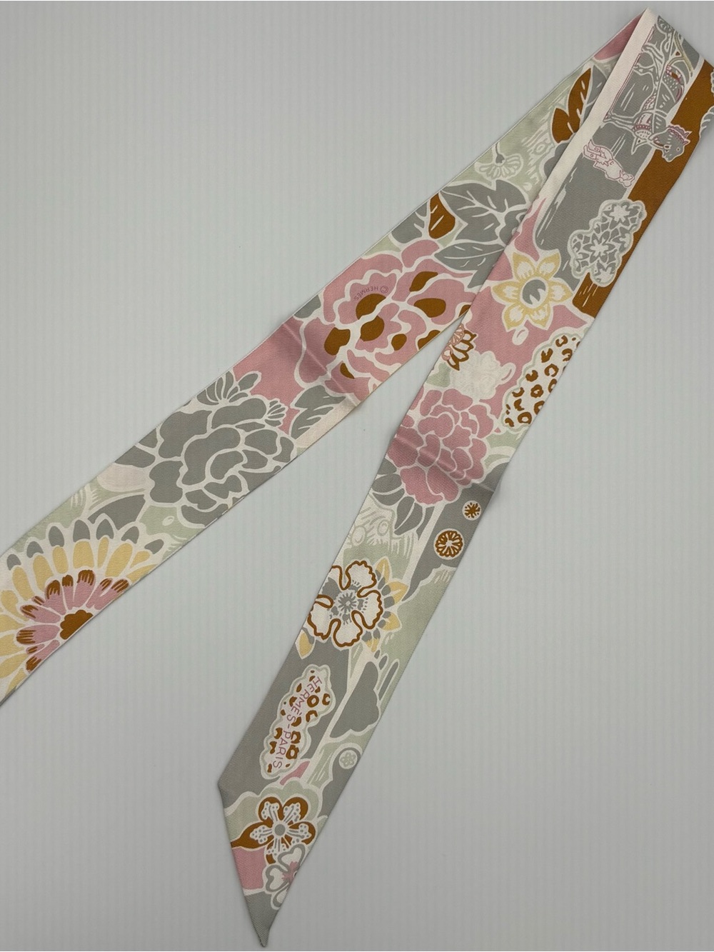 Hermes Twilly Scarf Sage Green Pink Grey Floral Equestrian Horse Rider Print